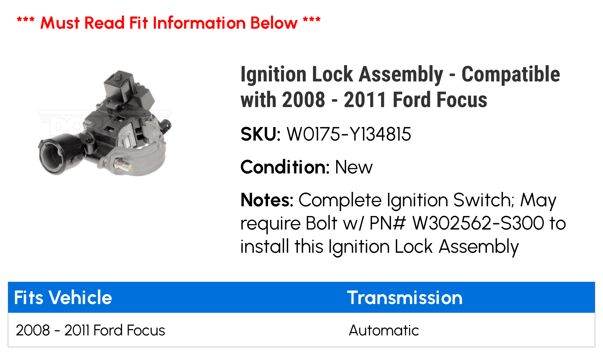Ignition Lock Assembly Compatible with 2008-2011 Ford Focus
