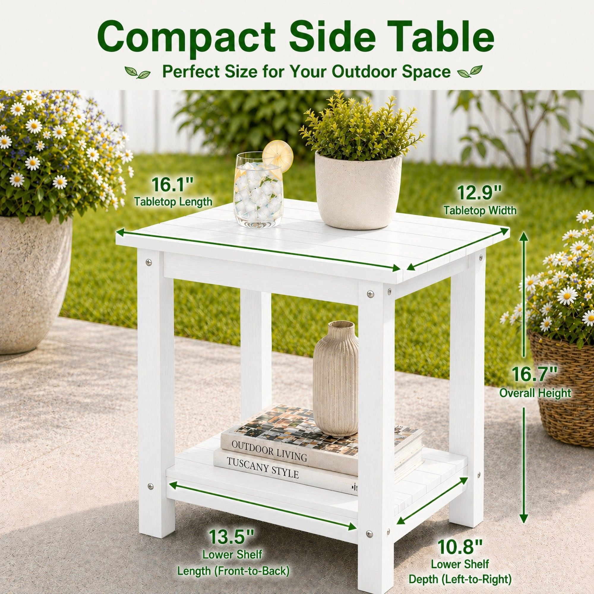 Y&M Outdoor Side Table, HDPE Patio End Table for Adirondack Chair, Weather Resistant Small Accent Table, White, Double Layer