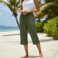 thumbnail image 5 of JFGHDG Women's High Waisted Linen Capri Pants Drawstring Elastic Waist Wide Leg Cropped Casual Trousers with Pockets and Button Split Hem Green 4XL, 5 of 7