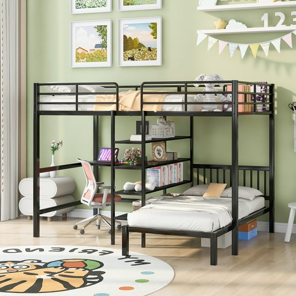 Full Over Twin Bunk Bed with Built-in Desk and Storage Shelves,L-Shape Heavy-Duty Metal Bunk Bed w/Staircase & Safety Guardrail,for Bedroom Boys Girls Adults,Black