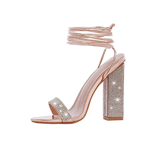 Baffoloo Women's Sparkly Rhinestones Chunky Block Strappy Heels Lace Up Open Toe Gladiator Crystal Party Wedding Bridesmaids Sexy Calf High Ankle