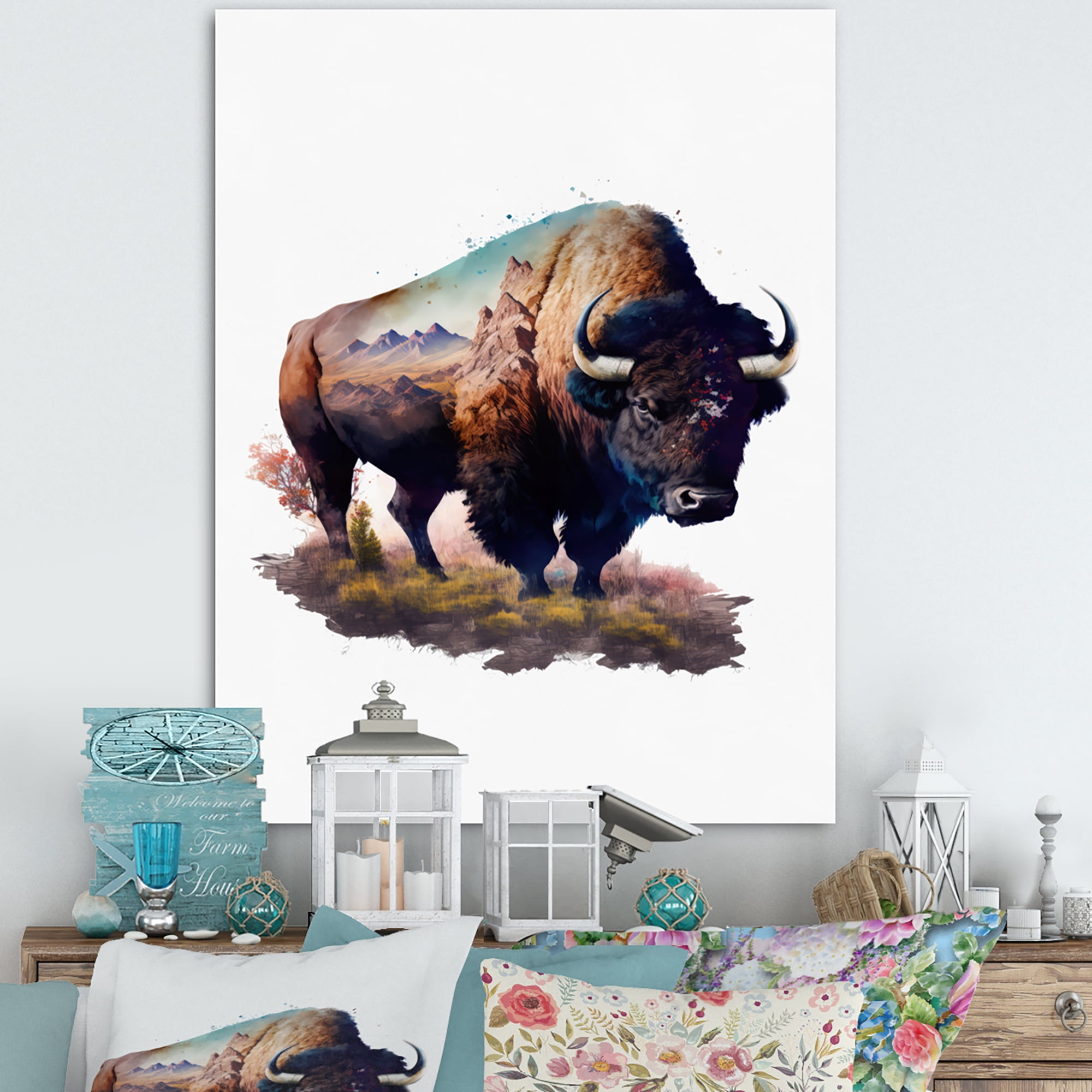 Designart Double Exposure Of A Bull With Nevada Landscape Canvas Wall Art