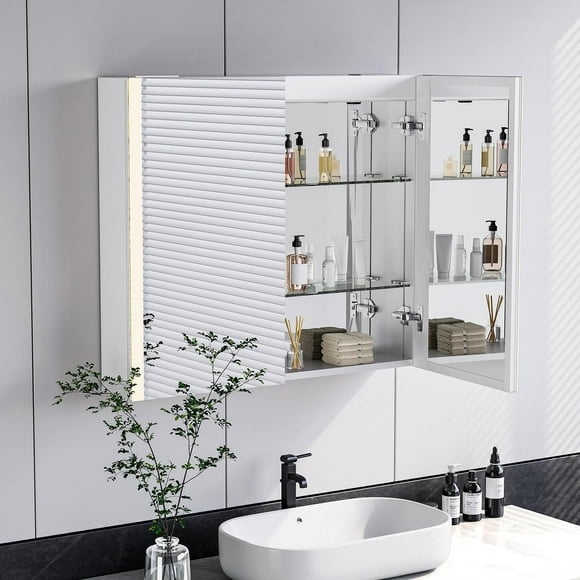 Armoire à pharmacie de salle de bain Ecoway STELLA, Armoire à miroir murale avec doubles portes, lumière réglable, haut-parleur Bluetooth, lumière ambiante et chargeur USB
