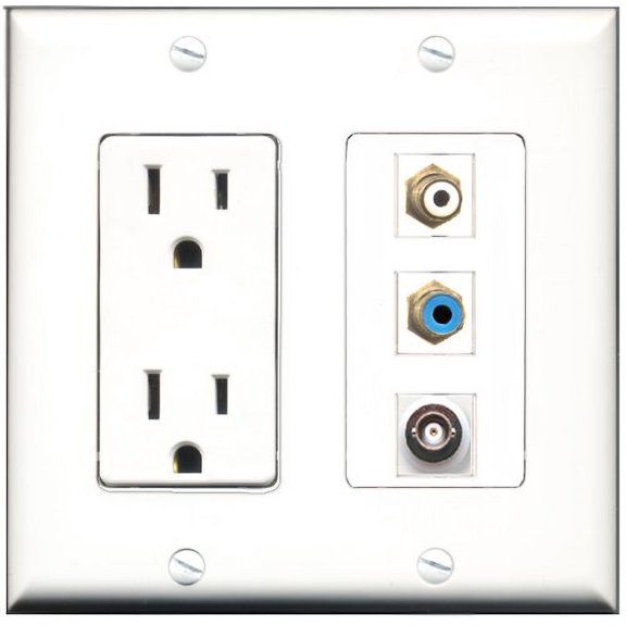 RiteAV - 15 Amp Power Outlet 1 Port RCA White 1 Port RCA Blue 1 Port BNC Decorative Wall Plate