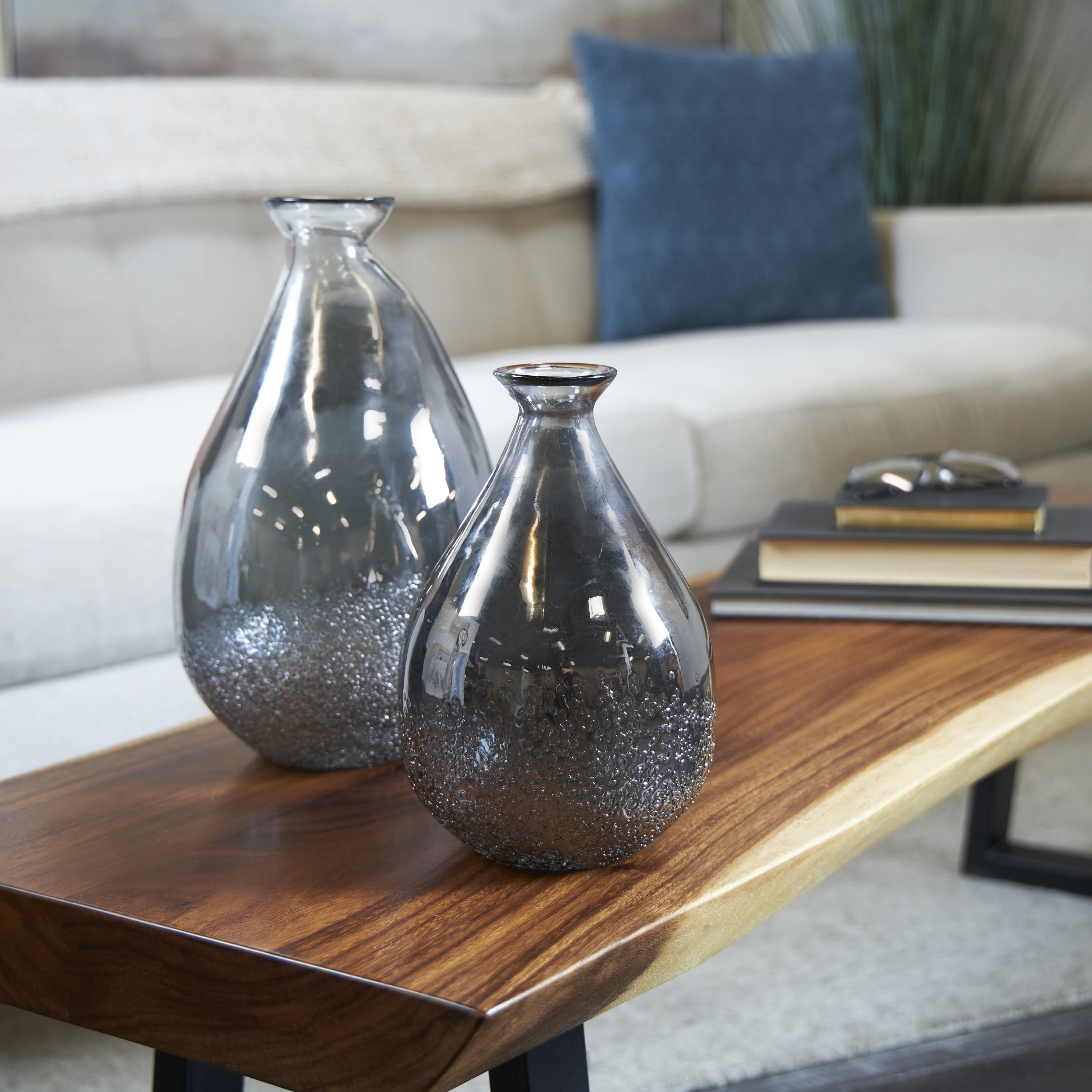 DecMode 12", 9"H Textured Teardrop Gray Glass Vase, Set of 2