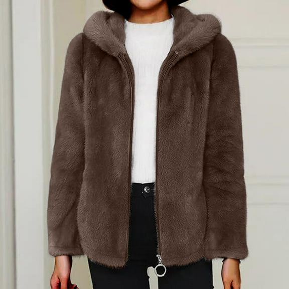 Homenesgenics Winter Jackets Plus Size ! Women's Thick Fleece Hooded Plush Jacket Long Sleeved Hoodied Casual Jackets Brown XXL