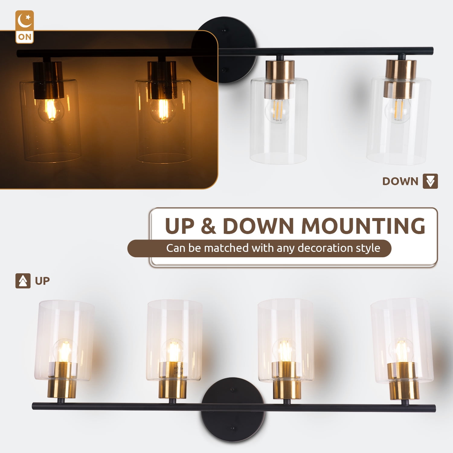 4-light Bathroom Light Fixtures, 27.6" Modern Vanity Lights Over Mirror With Clear Glass Shades, Black & Copper Light Fixture, Classic Wall Light Fixture For Mirror, Bulbs Not Included
