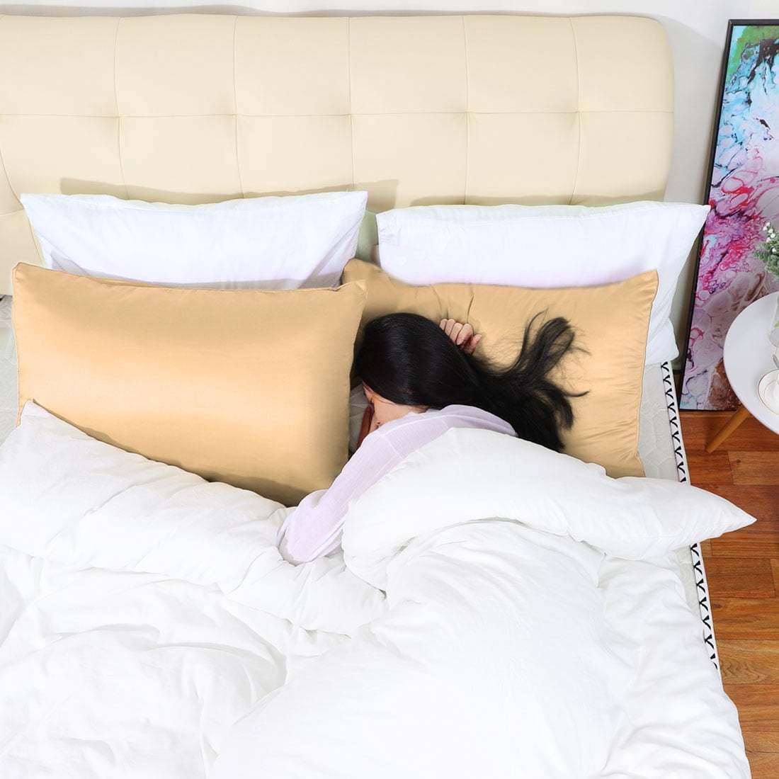 Unique Bargains Silky Satin Pillow Cases Covers Set of 2 Caramel King