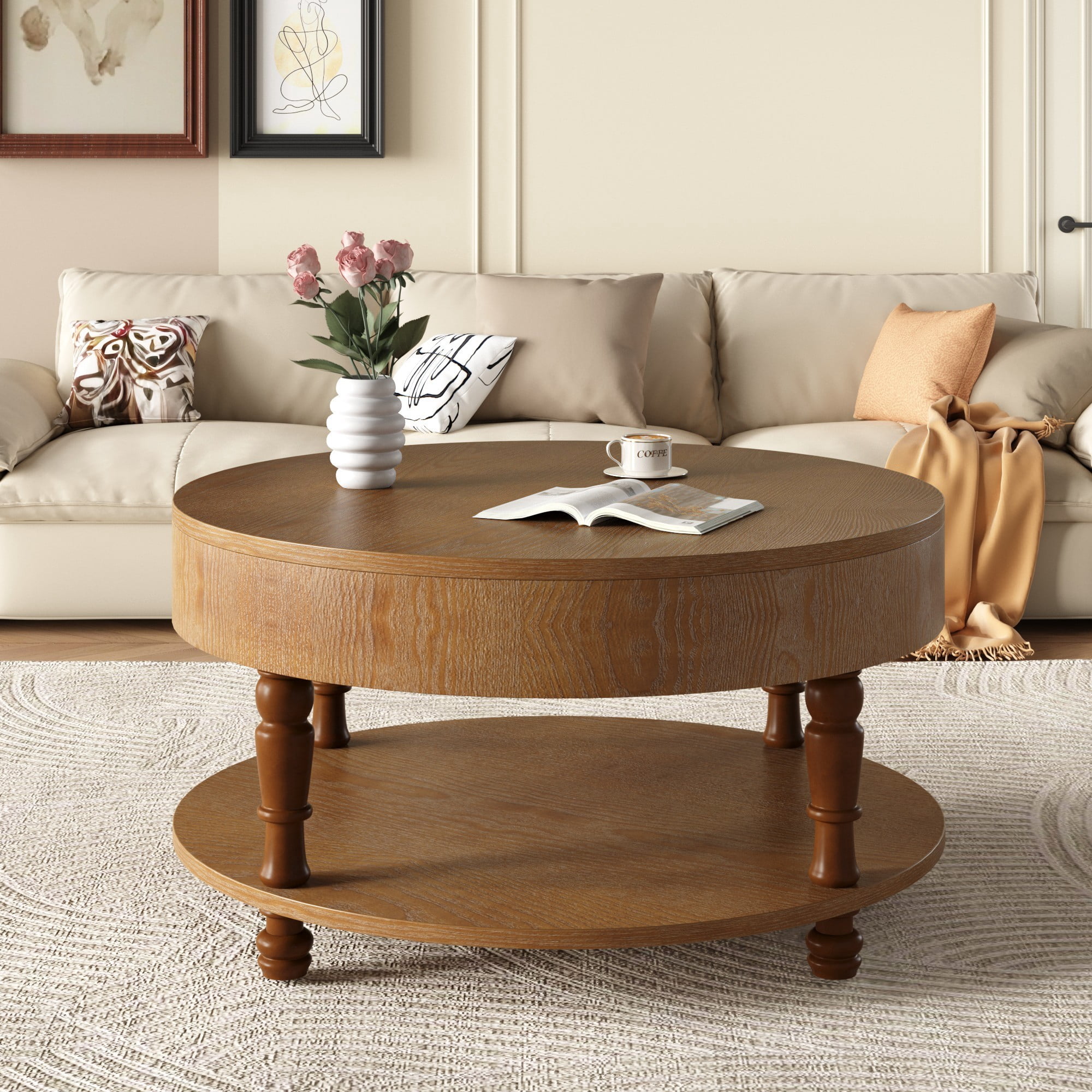 Round Coffee Table with Storage, 31.5" Modern Coffee Table with Hidden Compartment and Shelf, Wood Living Room Center Table, Walnut