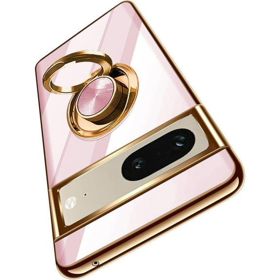 Compatible with Google Pixel 7 5g Cell Phone Case Ultra Slim Thin with 360°Finger Ring Stand Metal Electroplated Soft TPU Frame Full Body Shock-Absorption Bumper Hard Back Mobile Cover-Pink