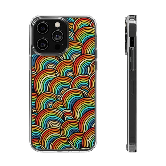 DistinctInk Hybrid (Acrylic / TPU) Clear Slim Fit Case for Apple iPhone 15 Pro MAX (6.7" Screen) - "Vibrant Cartoon Rainbows on Black Canvas"