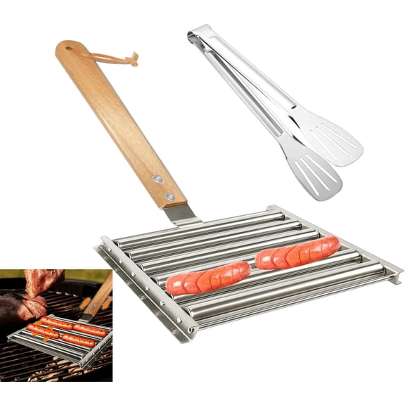 Hot Dog Roller Stainless Steel Sausage Roller Rack with Extra Wood Handle,BBQ Hot Dog Griller for Evenly Cooked Hot Dogs,5 Hot Dog Capacity,Grill Accessories with Tongs