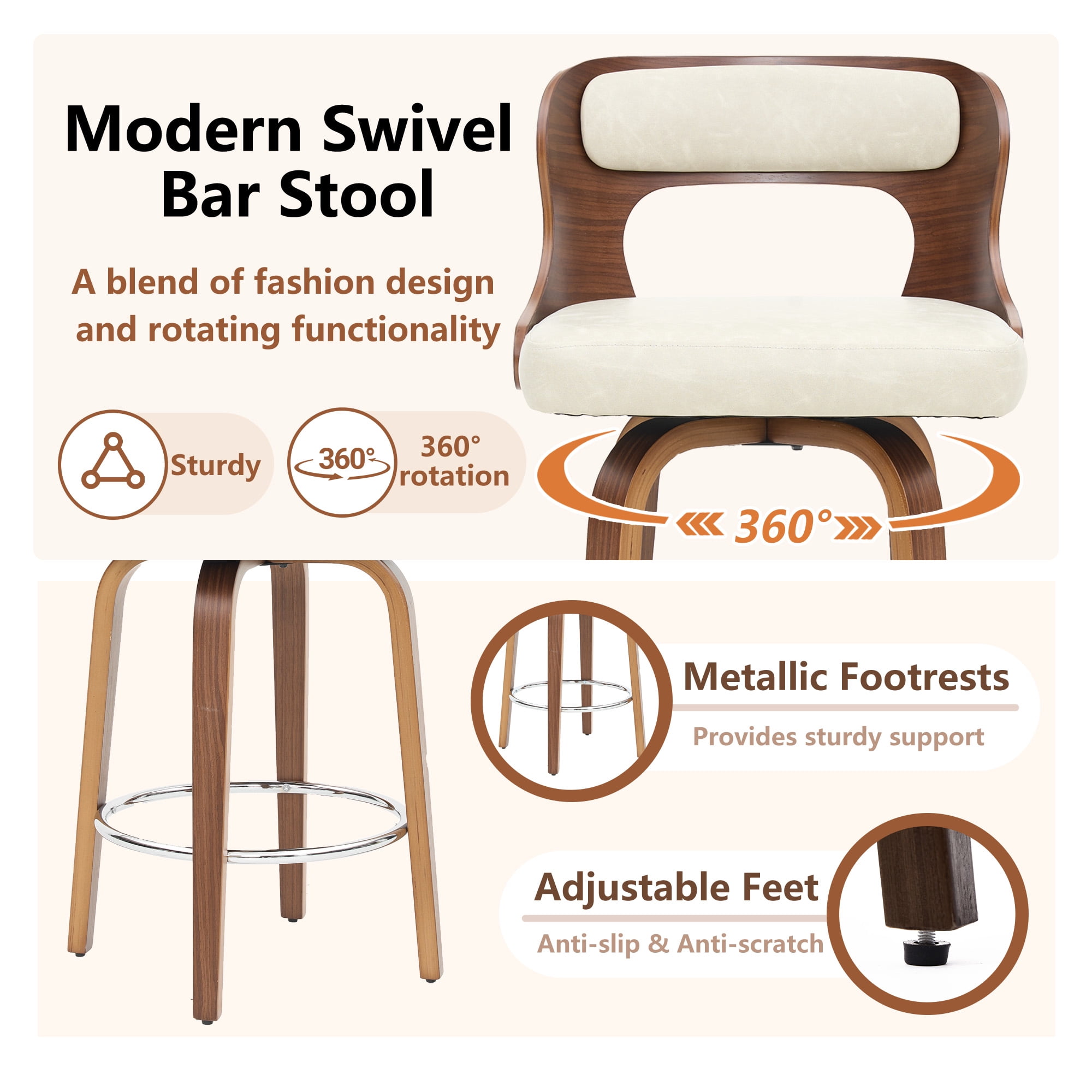 ClinQ 26 inch Swivel Bar Stools Set of 2, Counter Height Bar Chairs with Walnut Legs and Silver Ring Footrest, Upholstered Faux Leather, Beige