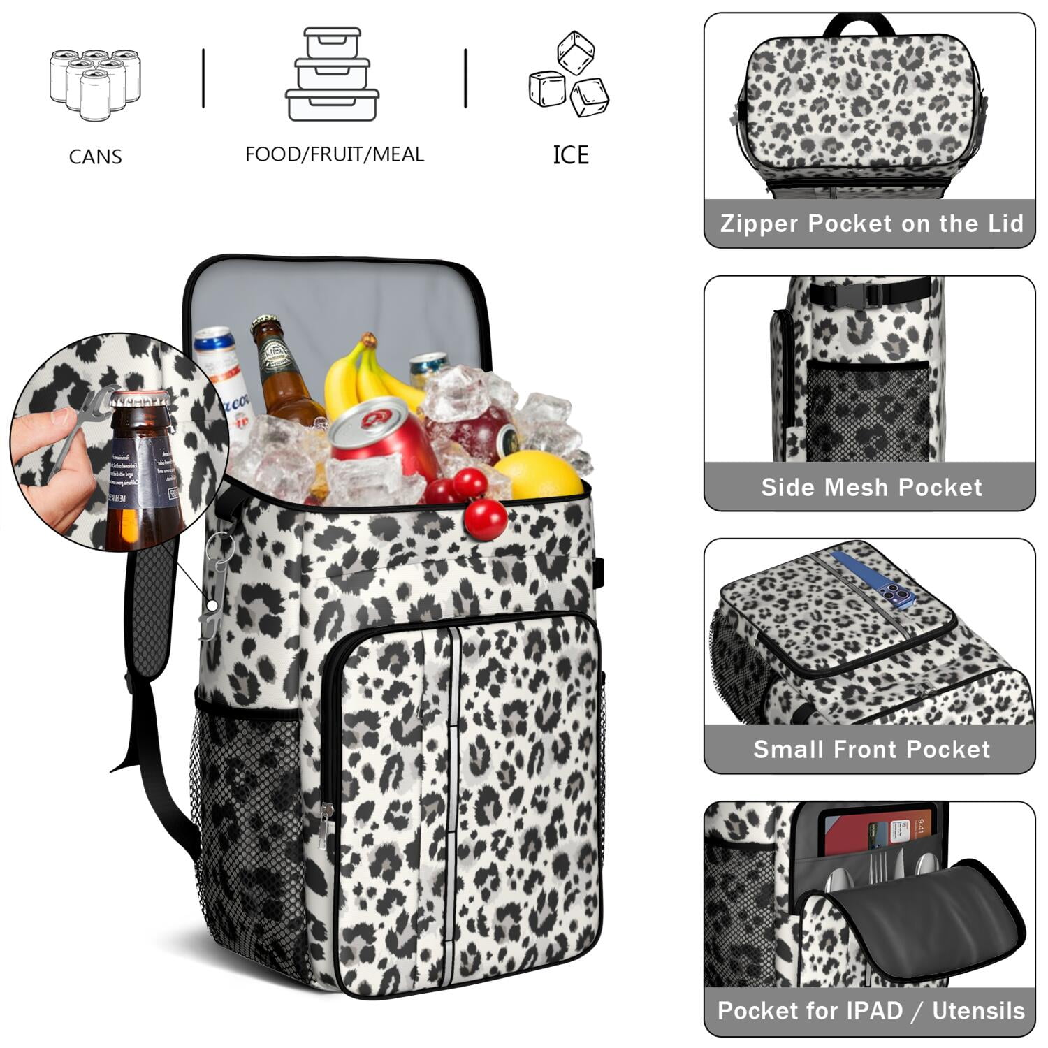 Travel Cooler Bag - Black and White Leopard Pattern Camping Beer Cooler Backpack with Bottle Opener- Waterproof Insulated Picnic Backpacks - Cooler Bag for Beach