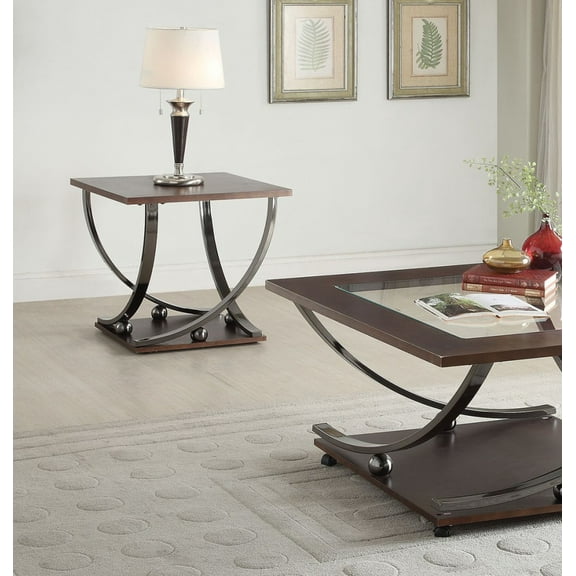 End Table With Wood Top and Cross Base, Black Nickel