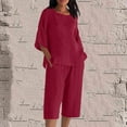 thumbnail image 3 of dazeni Women's Linen 2 Piece Outfits Loose Casual Lounge Set with Side Slite Tunic Tops and Capris 3/4 Sleeve Pajamas Sets, 3 of 5