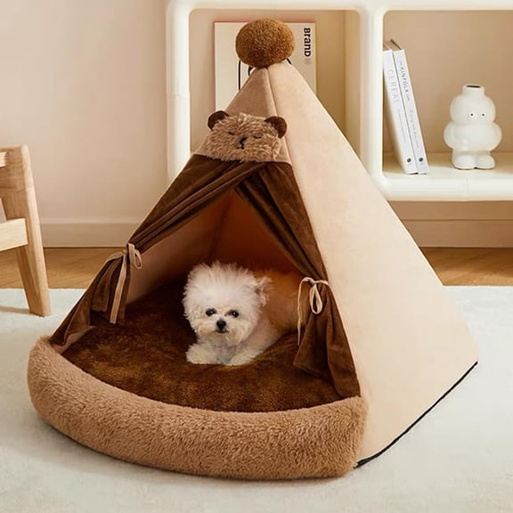Cat Tent Bed Dog House with Thick Cushion, Winter Warm Pet Teepee Tent House for Cats & Small Dogs (Brown, L (23.6x23.6 inch))