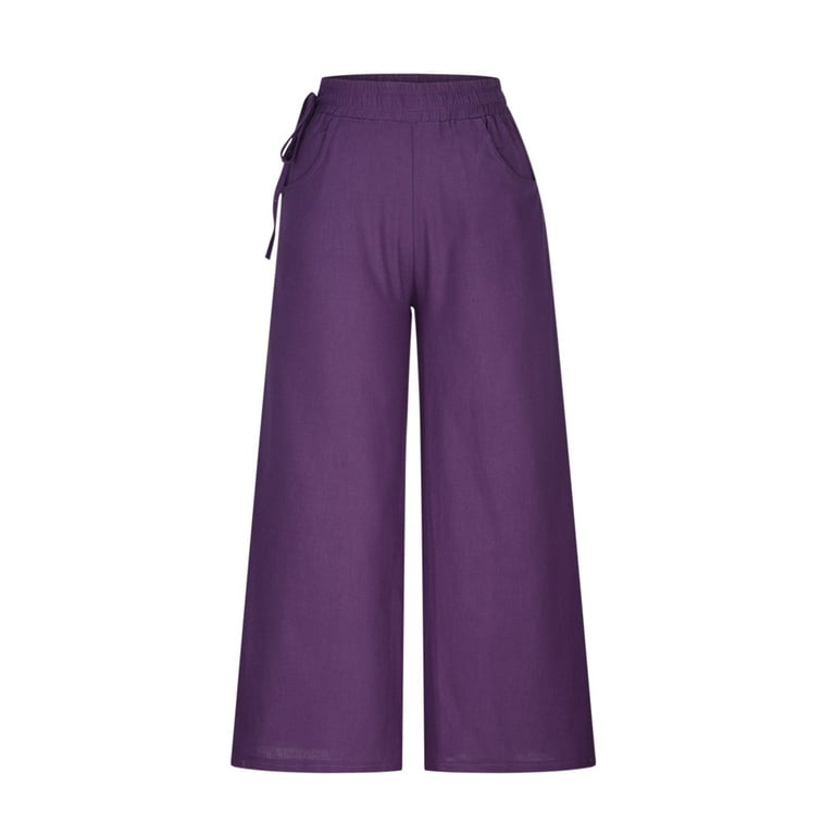 Womens Lounge Pants Cotton Linen Lightweight Wide Leg Pants for Women  Casual Loose Fitting Solid Slacks Trousers (Small, Purple)