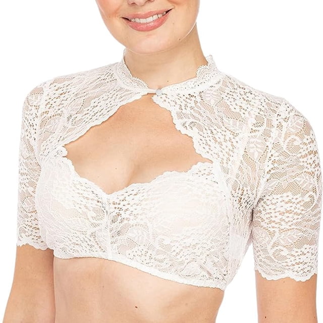 Blusa de encaje genérica para mujer, de media manga, en blanco y negro, sexy, con escote en V, blusa tradicional, tallas grandes, elegante, parcialmente transparente, disfraz de fiesta para
