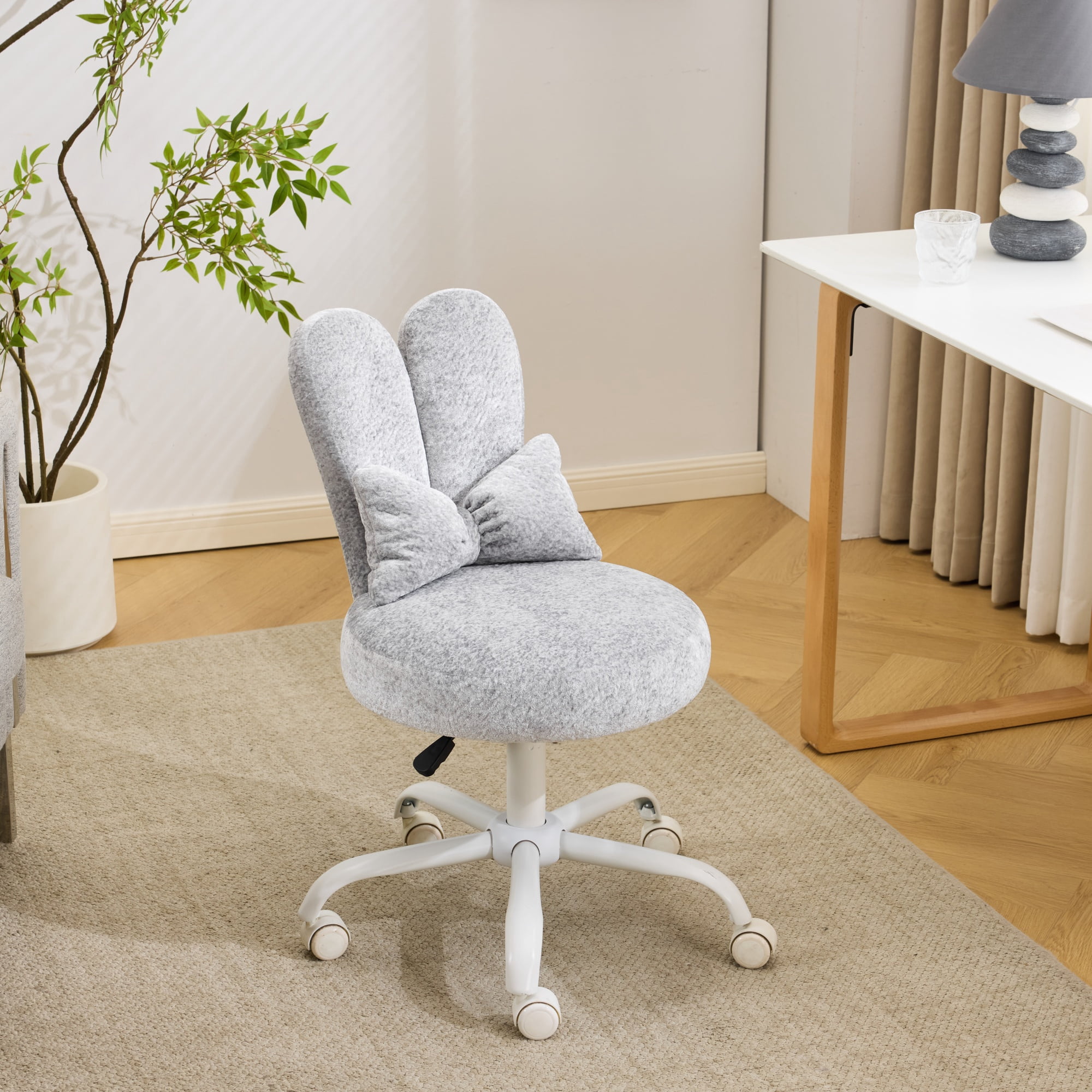Ktaxon Plush Velvet Office Chair, Rabbit Ear Backrest Vanity Chair, Adjustable Swivel Reading Chair for Home Office Gray