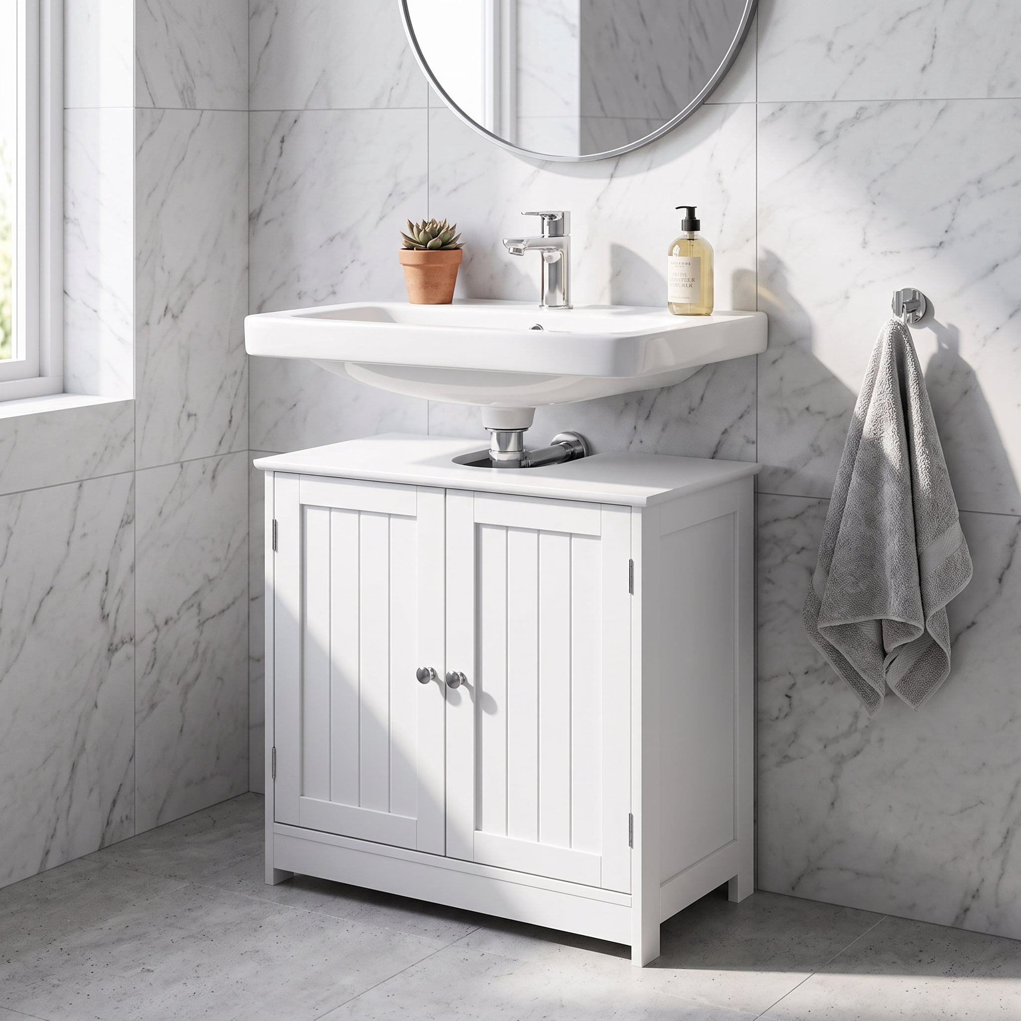 White Waterproof Bathroom Sink Cabinet w/Magnetic Base & Vintage Knobs - Adjustable Shelf Under Sink Storage 23.6x11.4x23.6 Inch