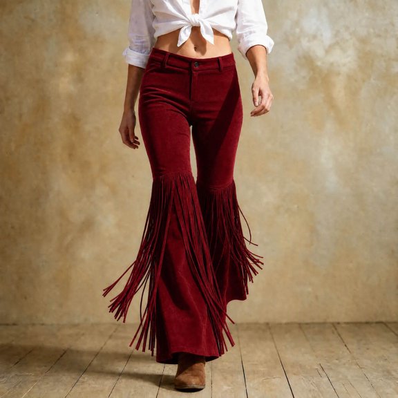 Karymi Faux Suede Fringe Flare Women's Pants, Mid‑High Waist Button Zipper Closure Western Style Bell‑Bottom Long Trousers for Party Going‑Out