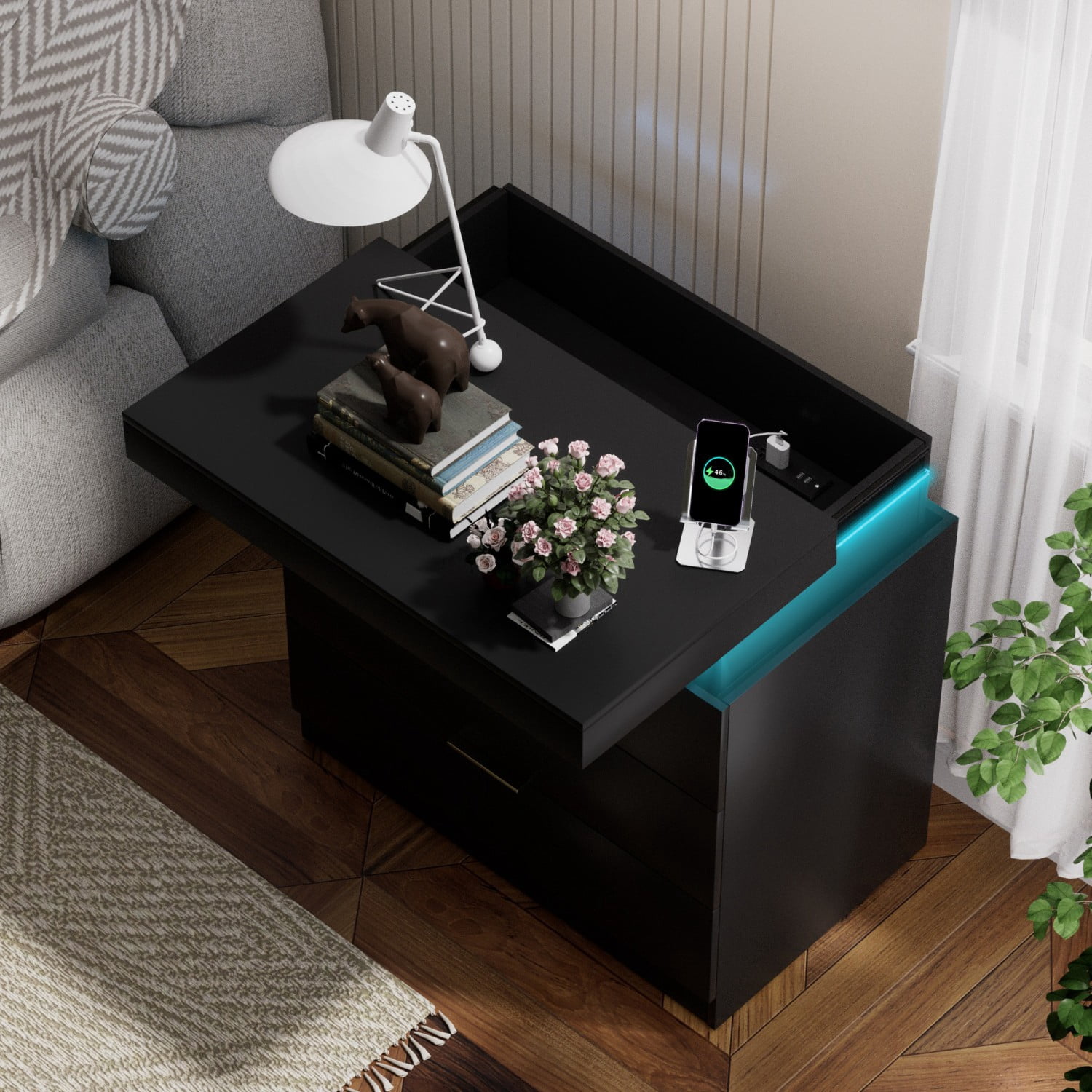 Nightstand with Charging Station and LED Lights, Modern Bedside Table with Sliding Top Drawer, 3 Storage Drawers End Table with USB Ports for Bedroom Living Room, Black