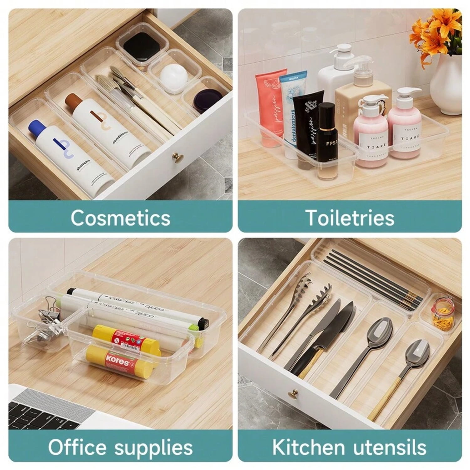 「24/26 Pc Clear Plastic Drawer Organizer Set - Durable PP Material」4 Sizes In Drawer Trays