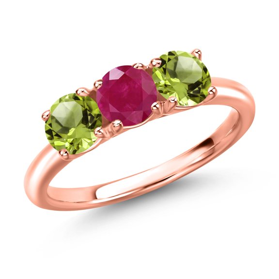 Gem Stone King 18K Rose Gold Plated Silver Red Ruby and Green Peridot Engagement Ring for Women | 1.65 Cttw | Round 5MM | Gemstone July Birthstone | Size 8