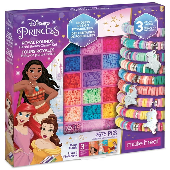 Disney Princess Royal Rounds: Heishi DIY Beads Charms Set - 2675 Pieces, Beads & Storage Container, Moana Belle Arielle, Tweens & Girls Ages 8 