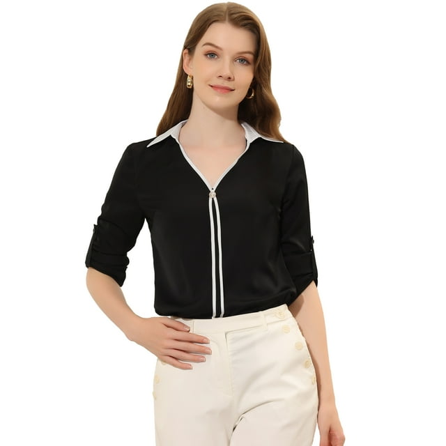 INSPIRE CHIC Chemisier de Travail à Manches Longues Retroussables Col en V avec Bordure Contrastée Élégant pour Femmes Noir P