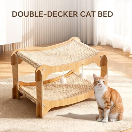 Double-Decker Cat Bed, 2-Tier Wooden Pet Cats Scratcher Lounge with Hanging Ball Toys, Natural Sisal Hammock Bed for Indoor