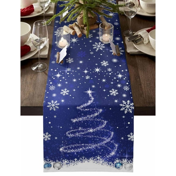Navy Blue Christmas Dresser Scarf Farmhouse, Dining Table Decorations for Wedding/Parties, Xmas Tree Snowflake Winter Abstract Table Runner 72 Inches Long for Kitchen Dining, 16 x 72 In