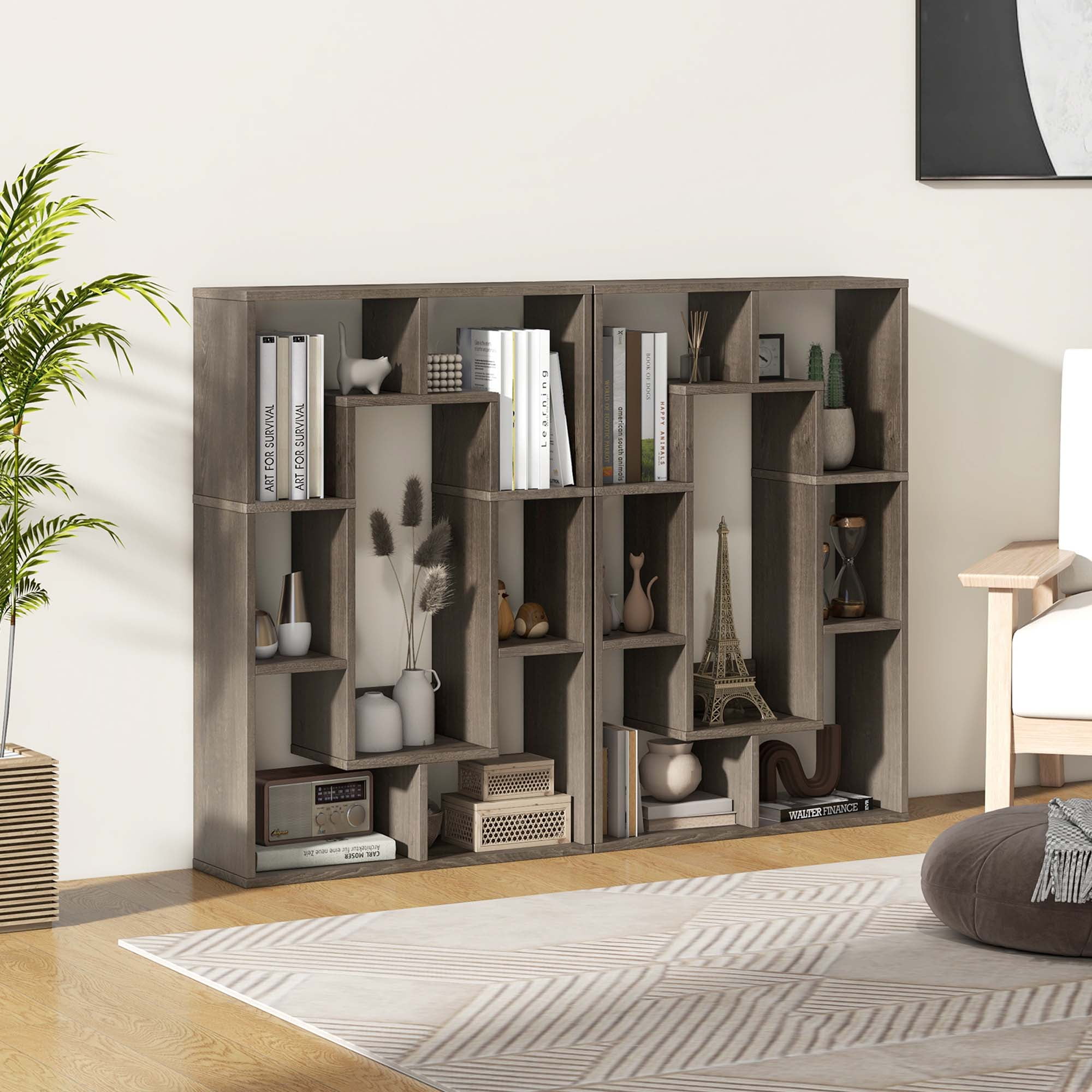 Costway 7-Cube Geometric Bookshelf with Anti-Toppling Device Modern Open Bookcase Grey