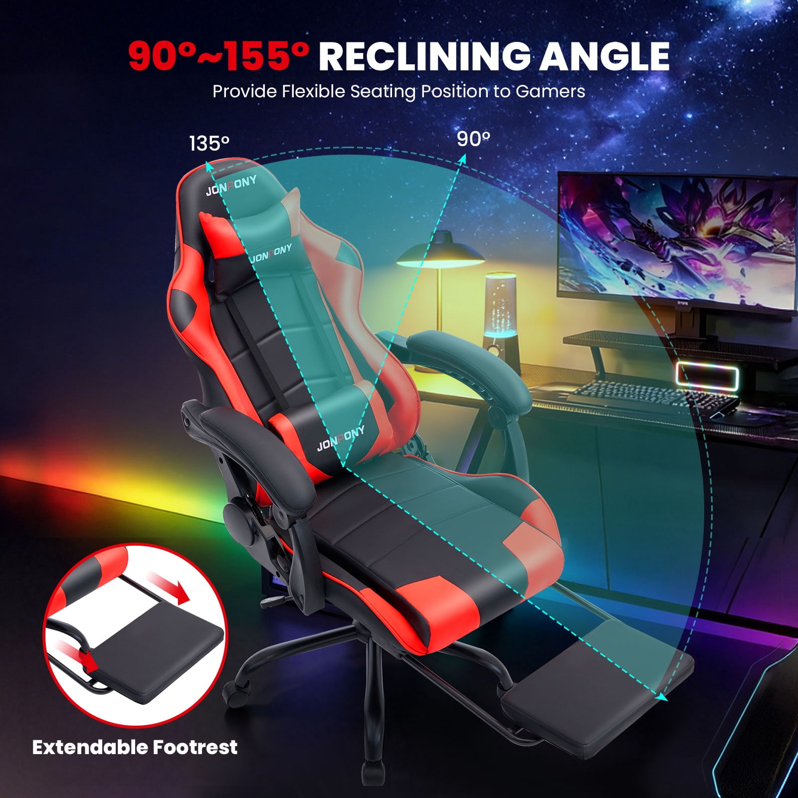 JONPONY Big and Tall 500LBS Gaming Chair, Ergonomic Design, Gamer Chair PU Leather with Footrest and Lumbar Support, High Back Office Chair Support, Long Sitting Computer Chair, Red