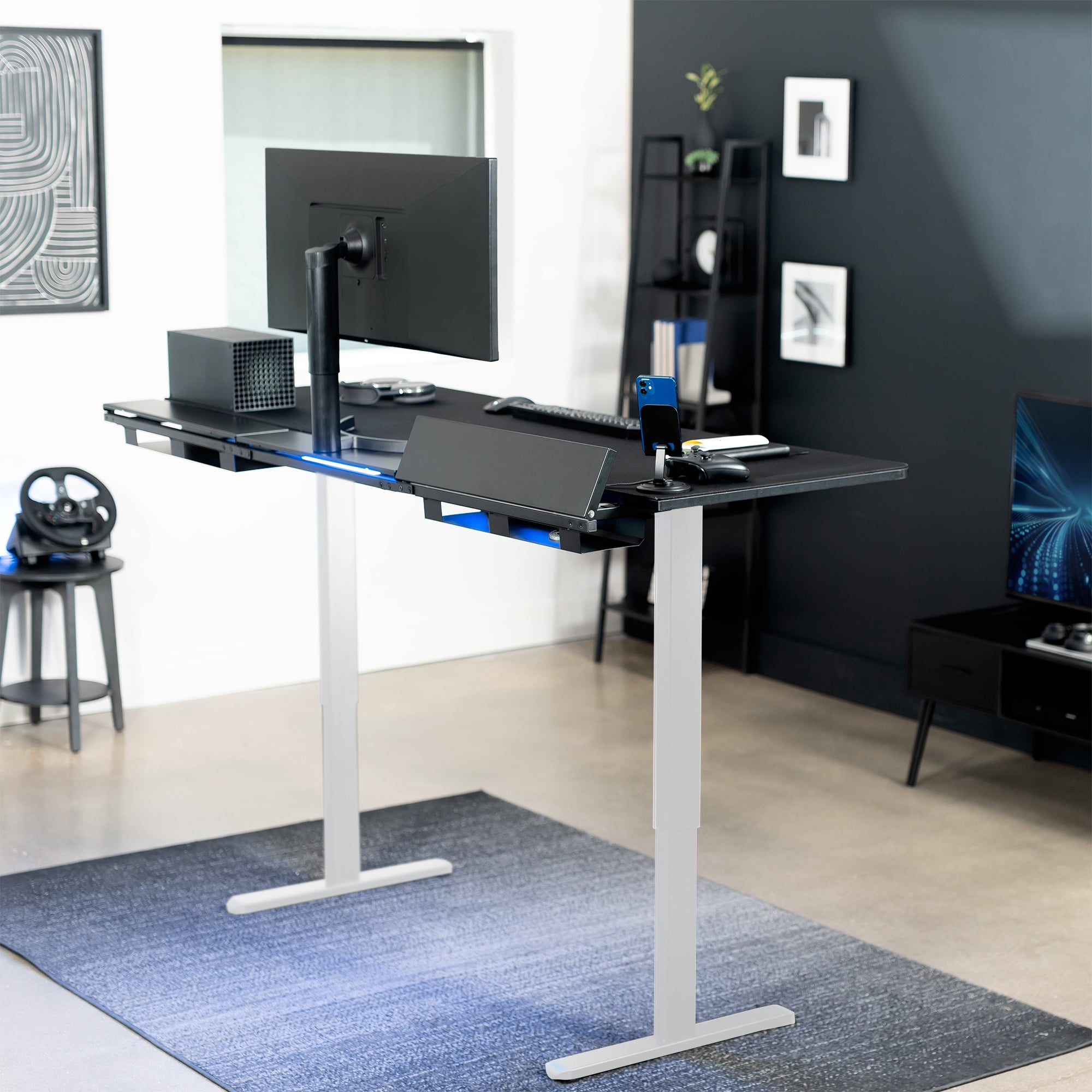 VIVO Electric 71" x 30" Desk, Full Pad, Black Hidden Cable Tabletop, White Frame