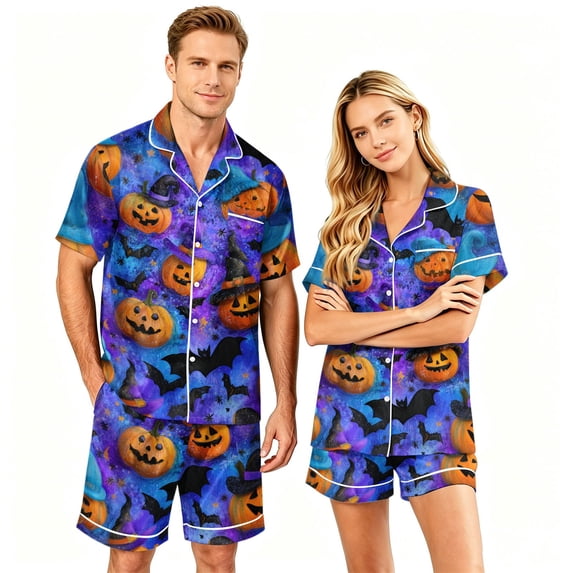 IYYVV Halloween Satin Matching Pajamas For Couples Short Sleeve Button Down Silk Pjs Aesthetic Spooky Ghost Sleepwear 2 Pcs Loungewear Purple S