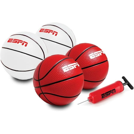 ESPN 5” Mini Basketball Set, 4 Mini Basketballs for Indoor Basketball Games with Pump, Red & White