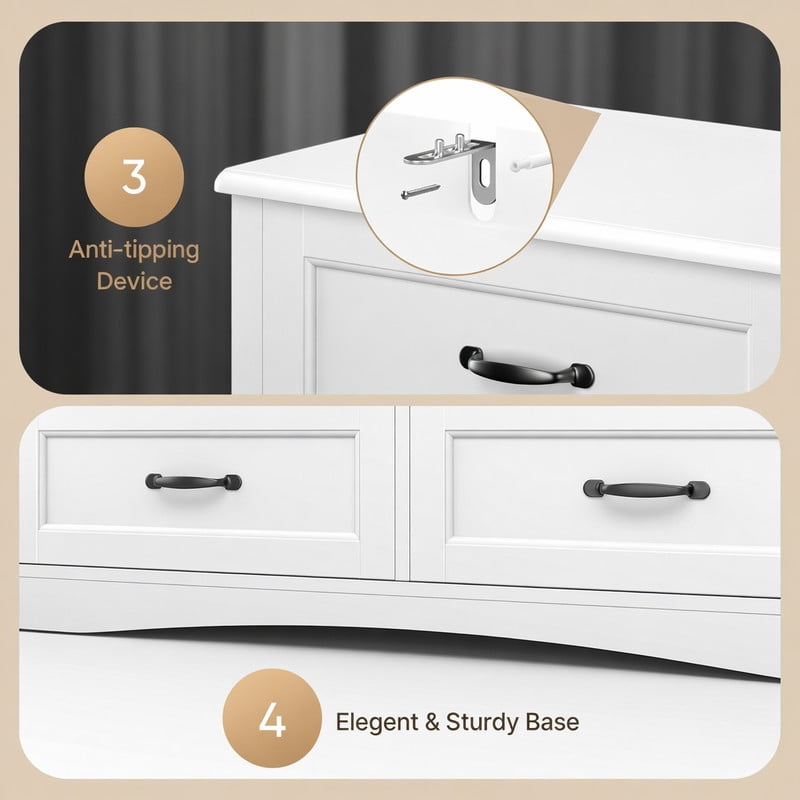 6-Drawer Dresser, 47" Wide Chest of Drawers with Metal Handles, Modern Storage Organizer Sturdy Wood Chest of Drawers for Bedroom, Living Room, Hallway, Office, Entryway, White