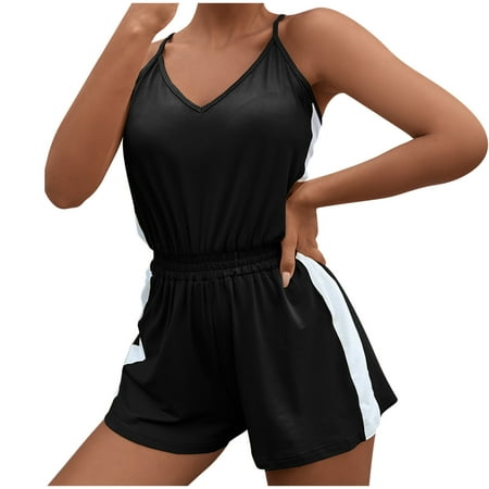 

WXLWZYWL Women Summer Loose Solid Sleeveless Jumpsuit Rompers Spaghetti Strap Elastic Waist Short Pant Pajamas Loungewearvacation outfits for women teen girl gifts Summer Clearance