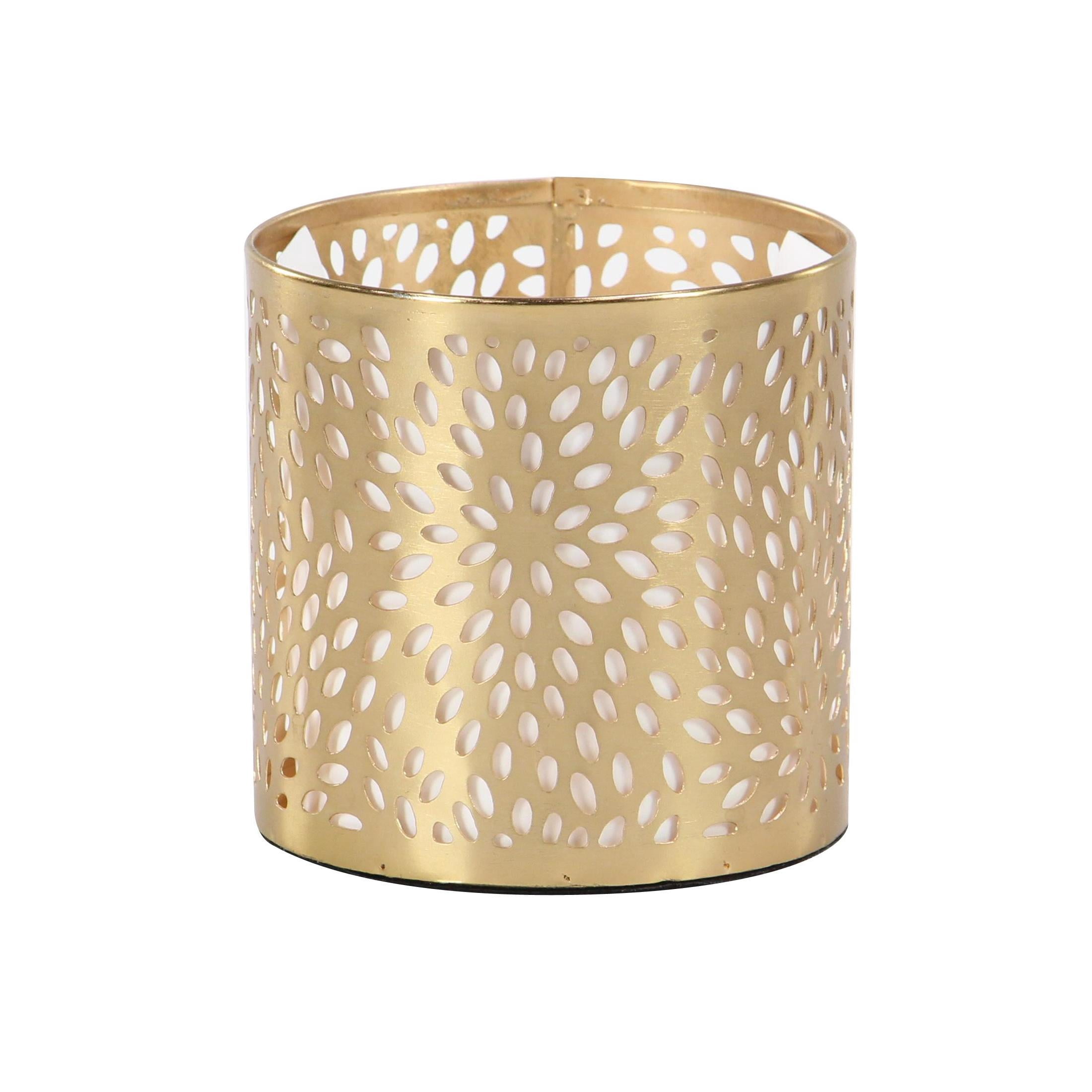 DecMode 4" x 4" Gold Metal Floral Pencil Cup with Laser Carved Design, 1-Piece