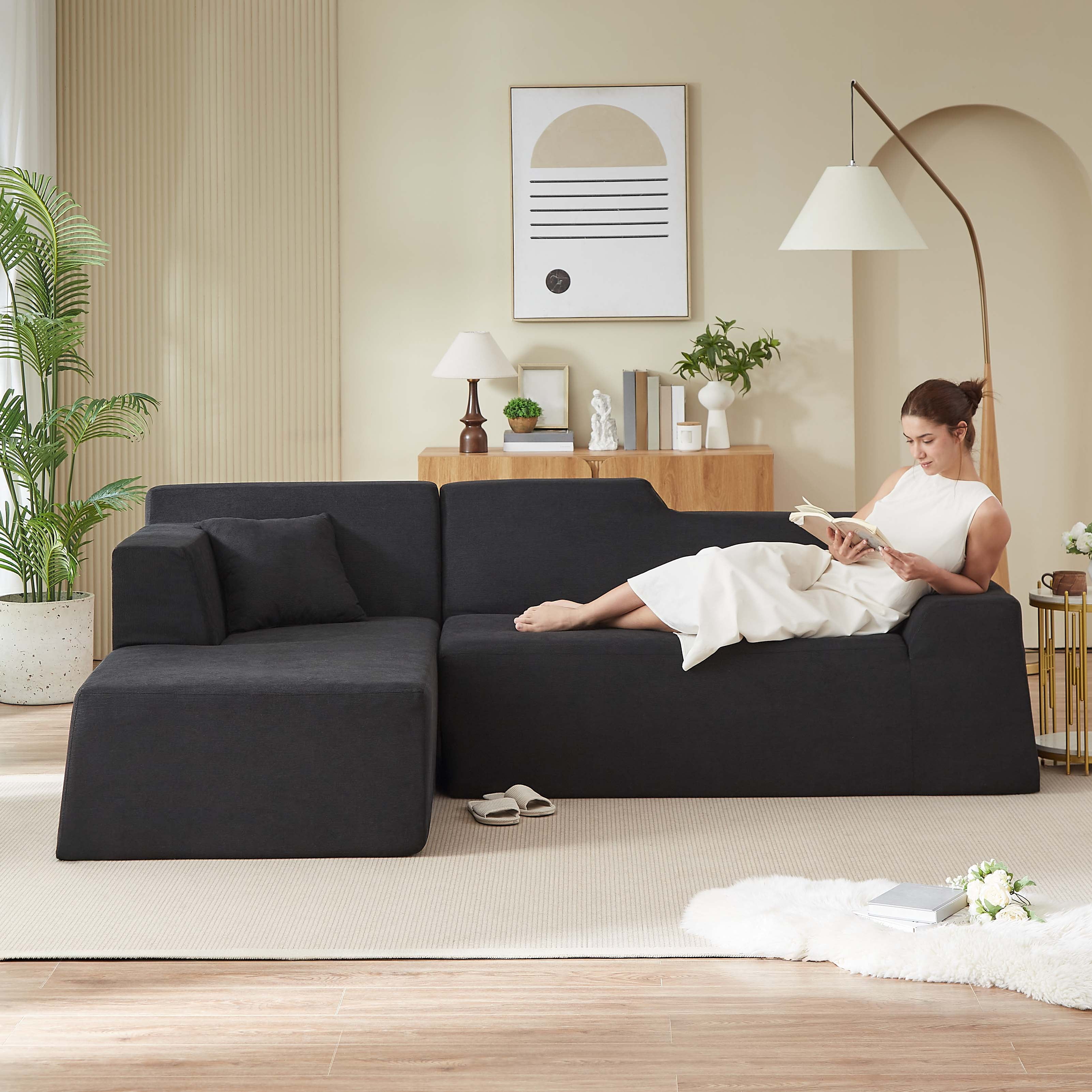 Miniyam 96" Boxed Sectional Sofa, Expands to Full Size, L-Shape Design with Soft Wide Stripe Corduroy and Deep Seat Comfort (Black, Left Facing)
