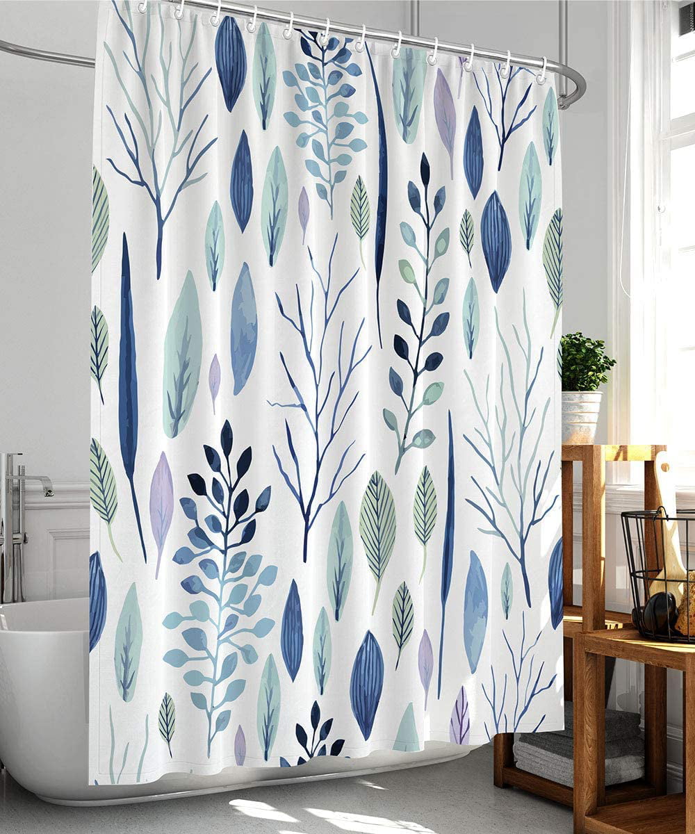 Watercolor Tropical Plants Leaves Pattern Shower Curtain Set Waterproof Fabric 