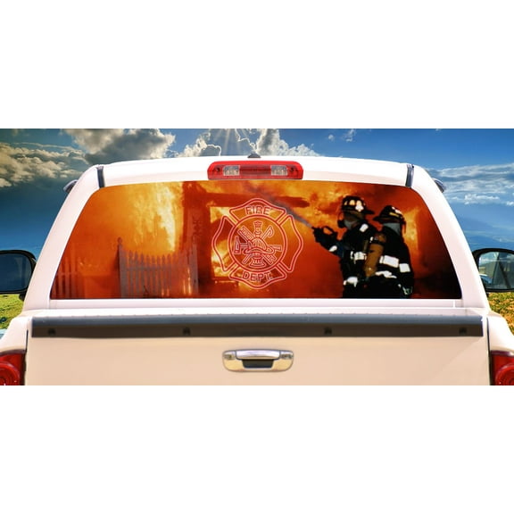FIREFIGHTER 3 Rear Window Graphic fire man truck view thru vinyl