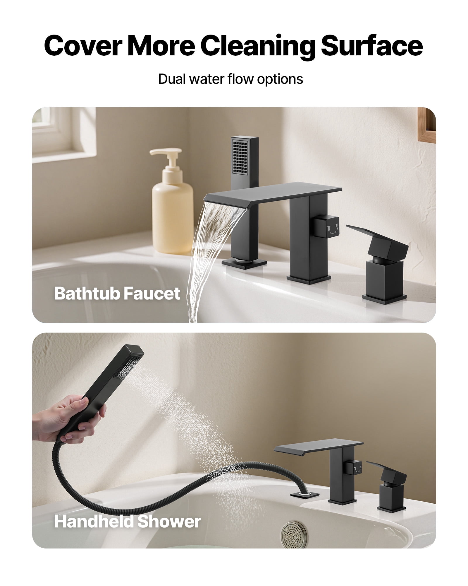 VEVOR Roman Tub Faucet, 3 Hole Waterfall Bathtub Faucet, Roman Bathtub Faucets Set with Shower Head & 1 Handle, Deck Mount Bath Tub Faucets Set for Pet Washing, Baby Care, Adult Bathing, Matte Black