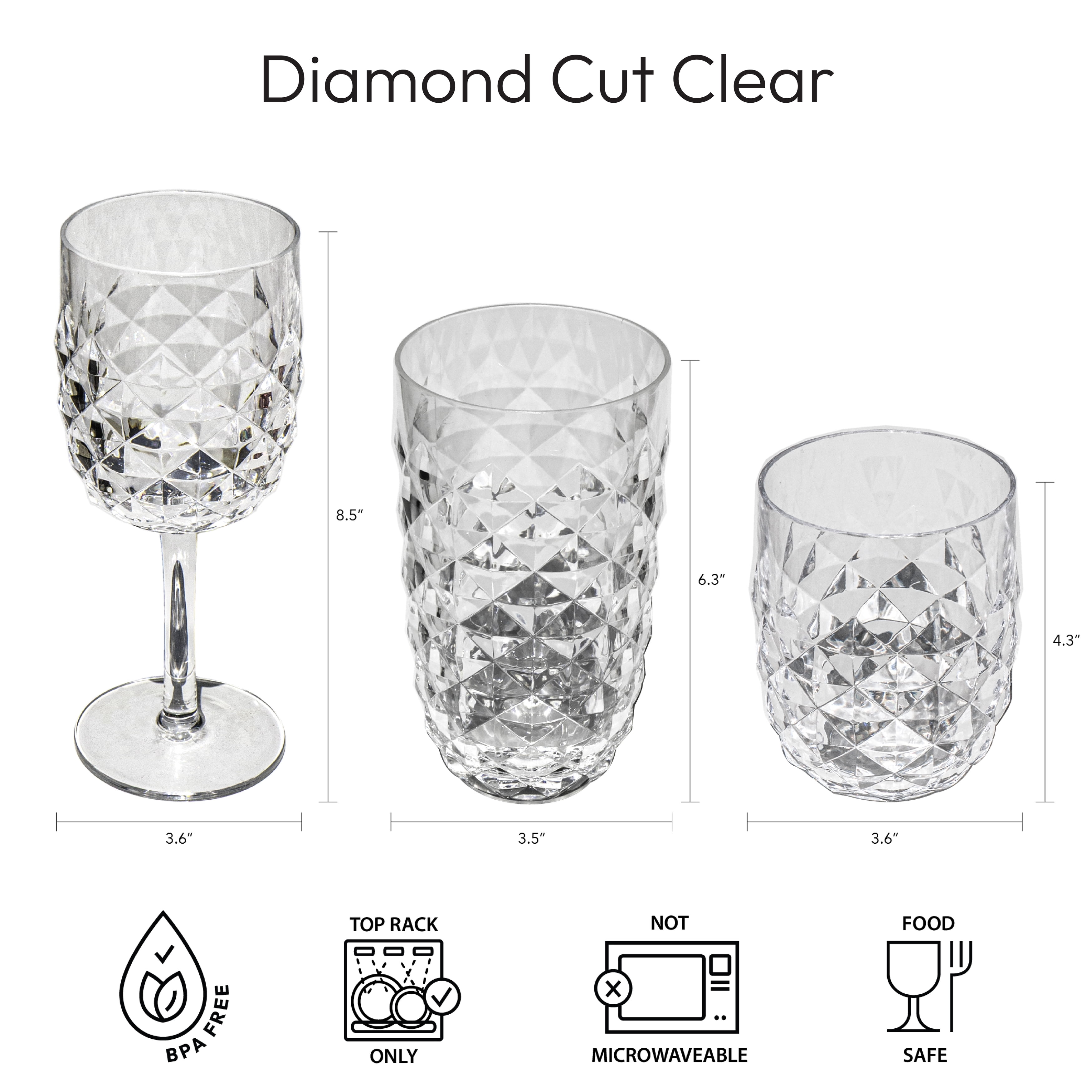 Diamond Cut Acrylic Wine Glass - Clear - 15.6 oz - Set of 6
