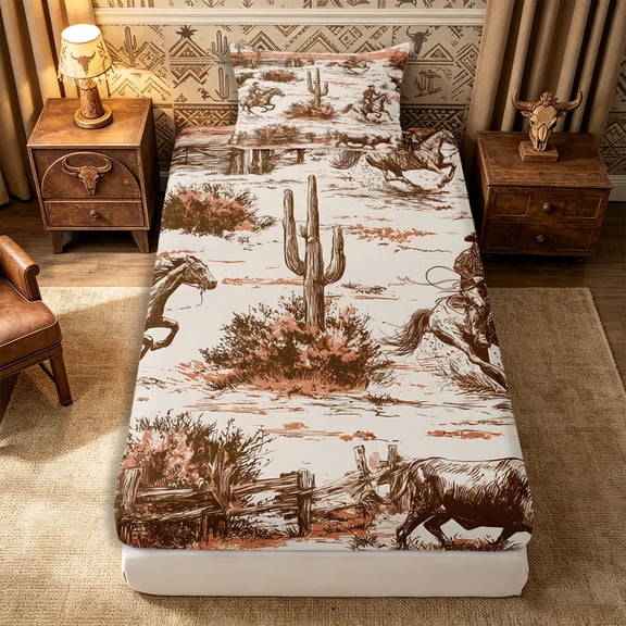 Manfei Rustic Cowboy Twin Fitted Sheet 2 Pieces,Western Cactus Bedding,Orange Brown,1 Fitted Sheet and 1 Pillowcase