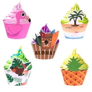 50 PCS Flamingo Pineapple Palm Cupcake Wrappers, Cake Decorations for Hawaiian Tropical Luau Summer Birthday Party