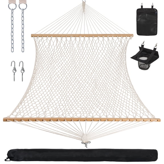 SUNCREAT Hammocks Cotton Rope Double Hammock, 450 lbs Capacity, Natural(Stand Is Not Include)