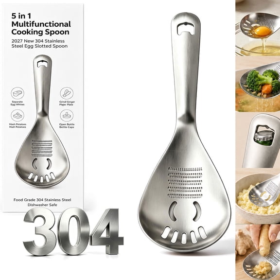 5-in-1 Multifunctional Cooking Spoon, 304 Stainless Steel Egg Slotted Spoon, Dishwasher Safe